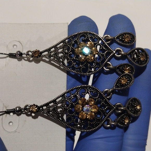 Filigree Luxe Teardrop Earrings with Crystals & Beaded Tassels Women's Jewelry - Picture 8 of 8
